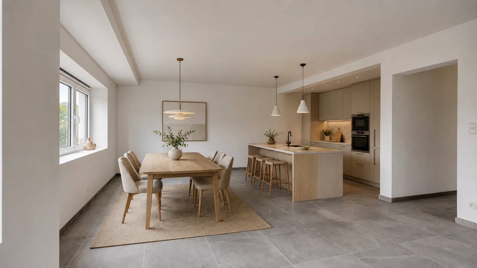 Impressie van de ingerichte leefruimte met eettafel en open keuken met kookeiland