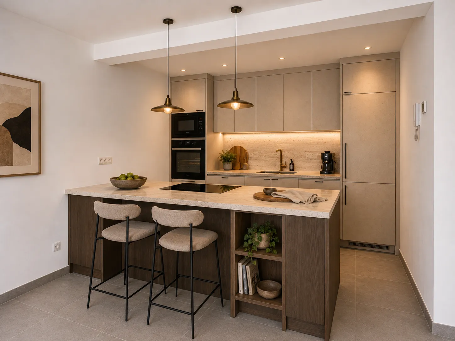 Impressie van de keuken met kookeiland in donker hout en natuursteen — stijl 2