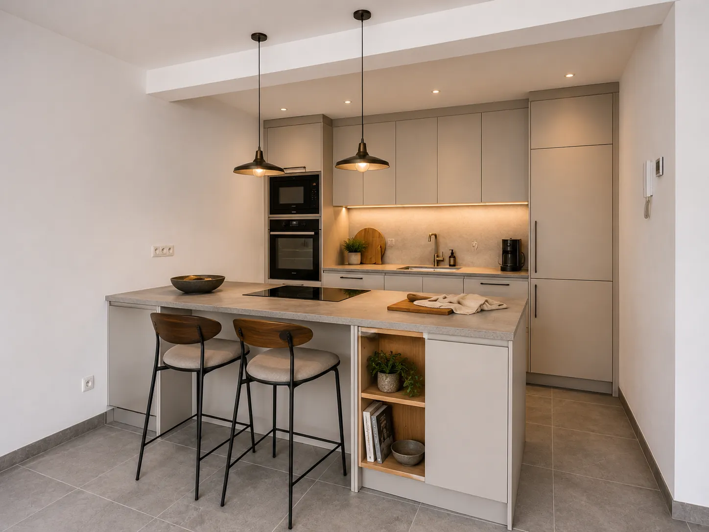 Impressie van de keuken met kookeiland in lichte, zachte tinten — stijl 3