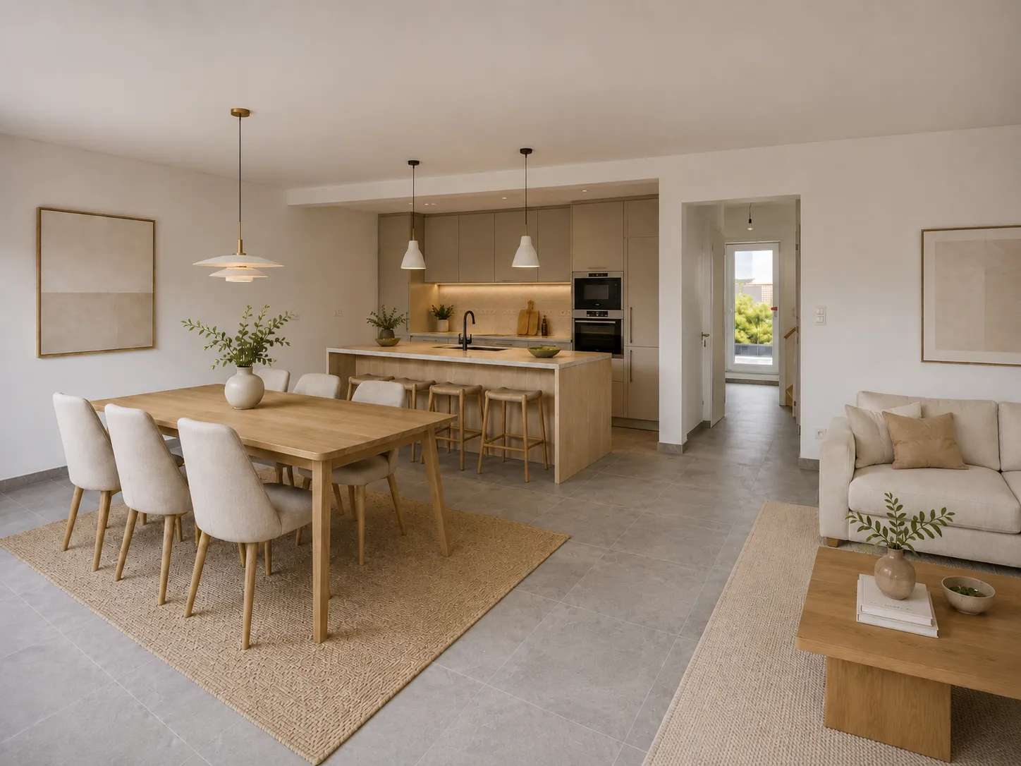 Impressie van de ingerichte leef- en eetruimte met zithoek en open keuken