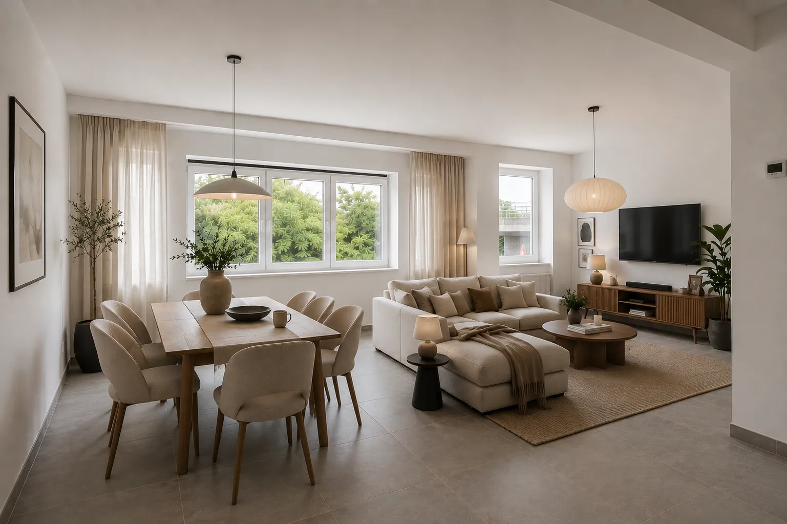 Impressie van de ingerichte woonkamer met zithoek en eettafel — stijl 1