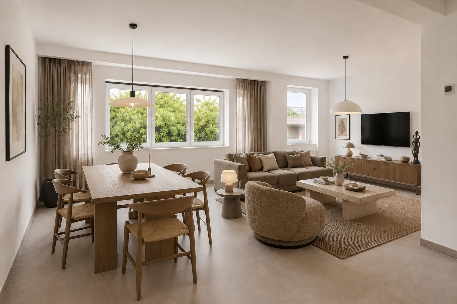 Impressie van de ingerichte woonkamer in warme aardetinten — stijl 2