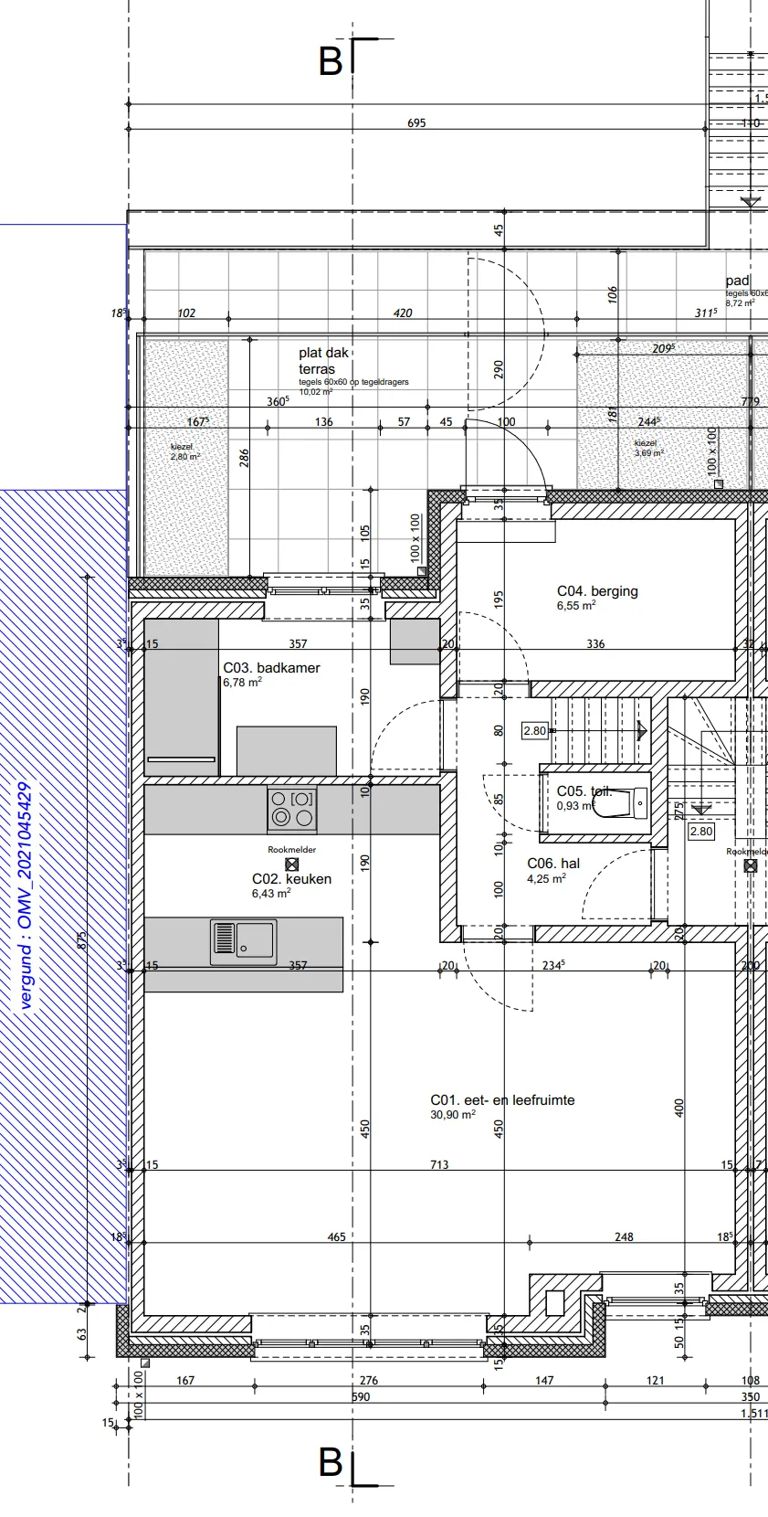 Grondplan Midden duplex — leefverdieping
