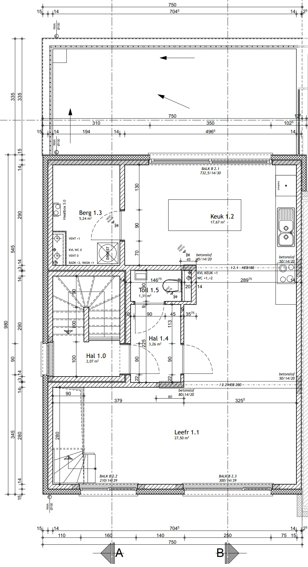 Grondplan Links duplex — leefverdieping